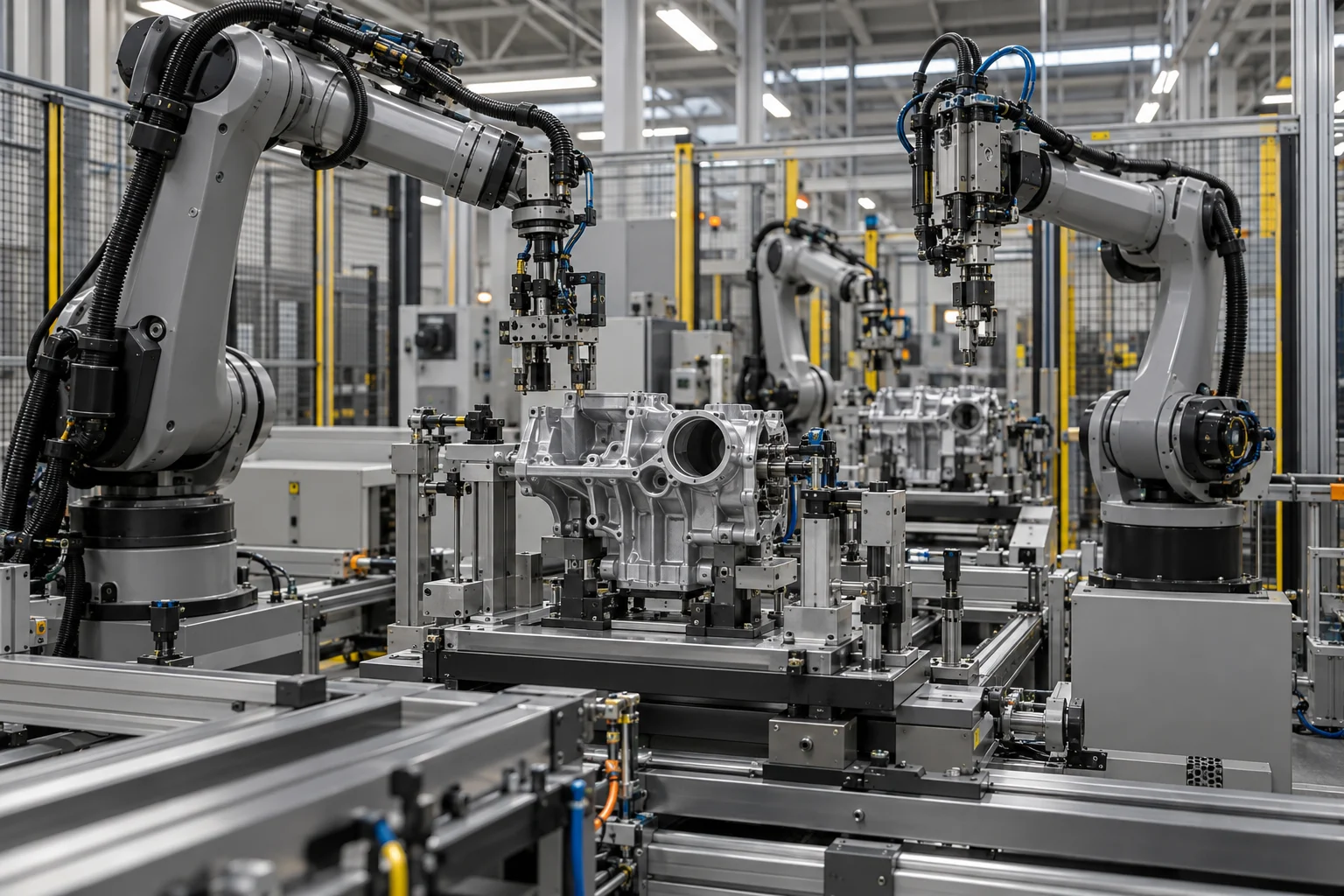 KI-generierte Illustration: strukturierte automatisierte Produktionszelle mit Robotern und präzisen Montagevorrichtungen.